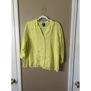 Eileen Fisher 100% Irish Linen Shirt Womens Large Button Up Collared Yellow Top